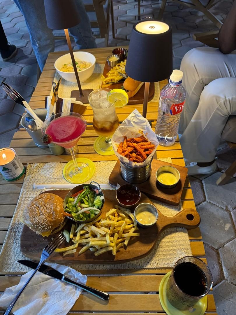 Evening food and cocktails spread