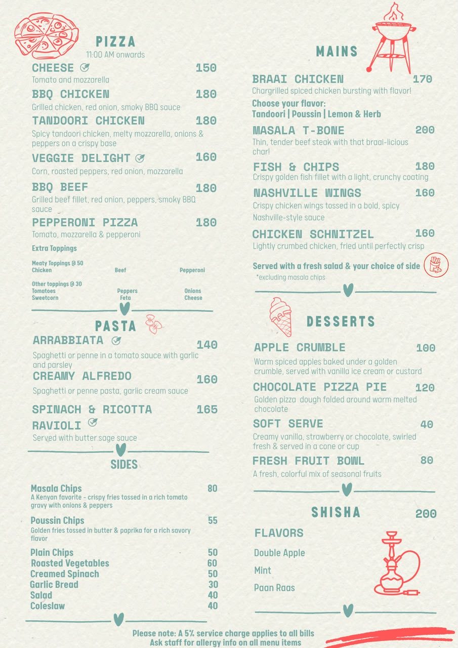 Menu page 2: Pizza, Pasta, Sides, Mains, Desserts, Shisha